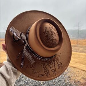 Brown Western Hat with hand burned Design